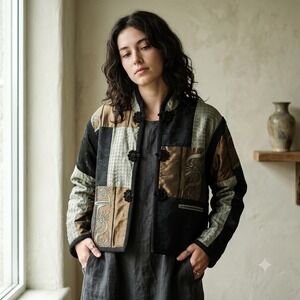 Max & Mabel Women Jacket 0 Gold Black‎ Patchwork Silk Blend Frog Chinoiserie